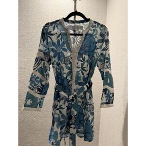 Kahora Palm Beach Joanna Bell Sleeve Boho Lux Vacay Dress Small Blue Dahlia